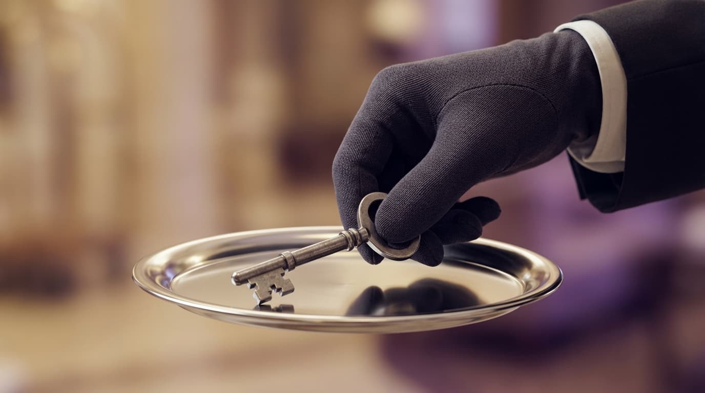 White glove concierge service - hand holding key on silver platter